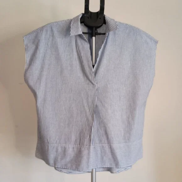 DKNY Comfy Blue White Stripe Linen Blend Sleeveless V-Neck Collared Shirt Wmn L - Picture 14 of 14